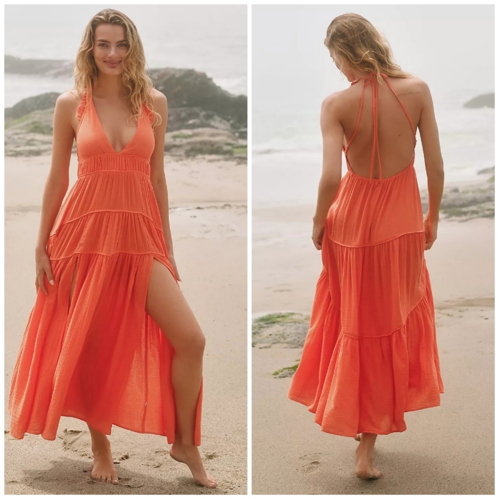 Anthropologie Celandine Sleeveless Plunge Halter Orange Midi Dress Cover-up